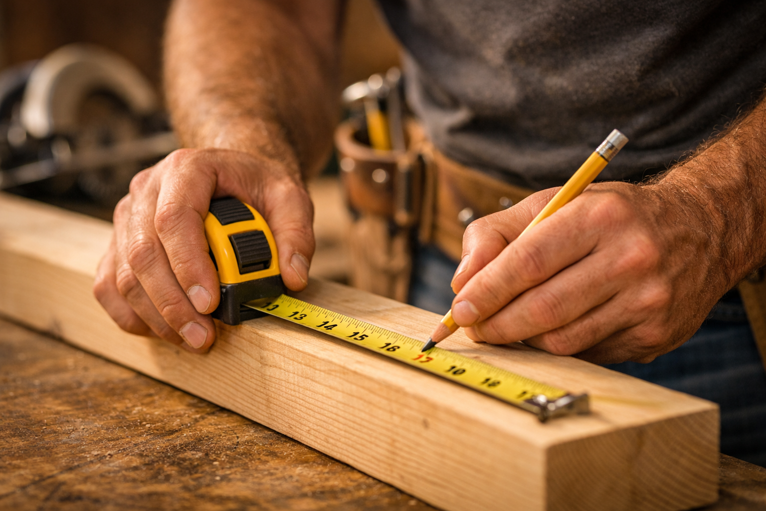 Craftsman's hands carefully measuring lumber with a tape measure — K & T Contracting LLC